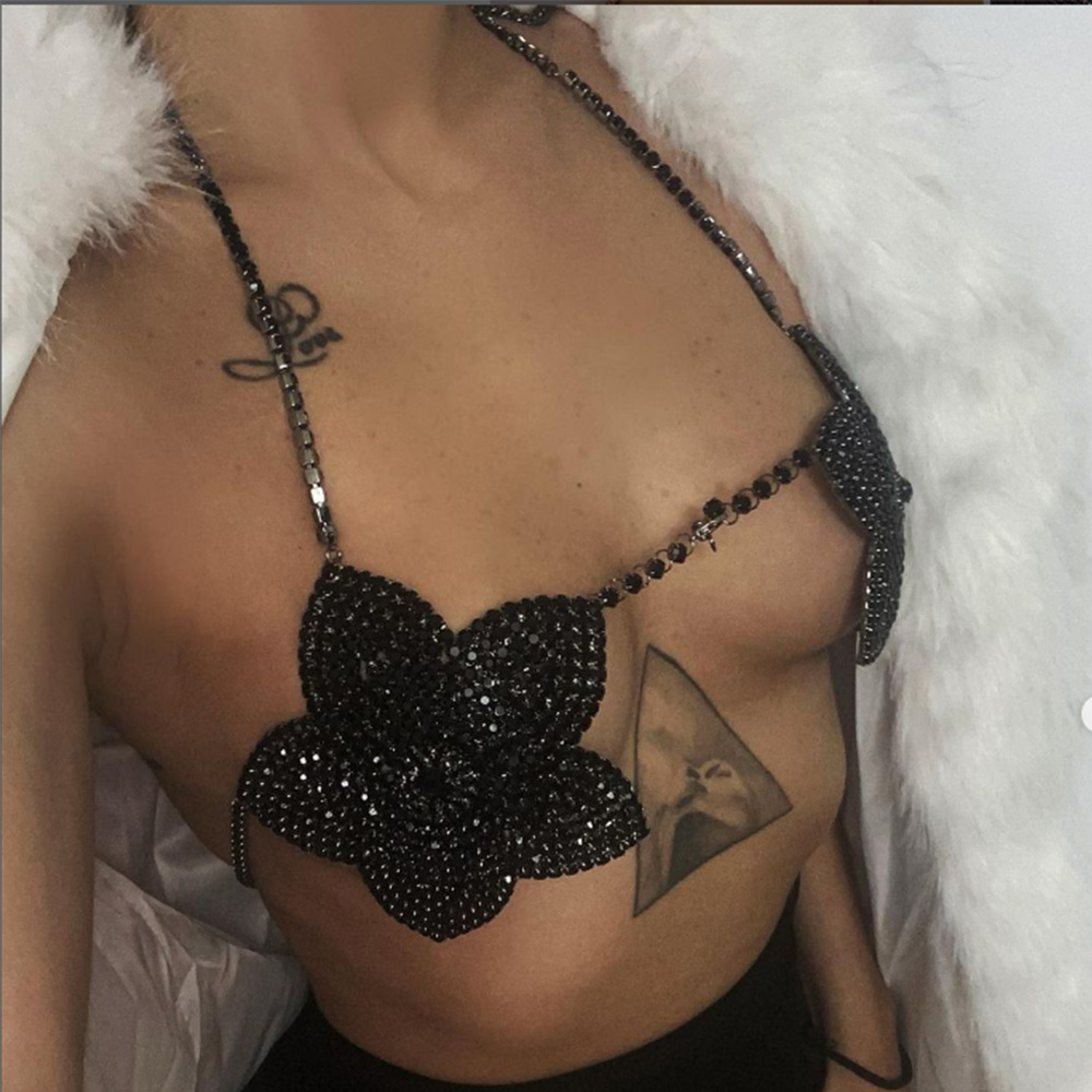 Women'S Fashion Harness - Stonefans Black Crystal Flower Bra Rhinestones