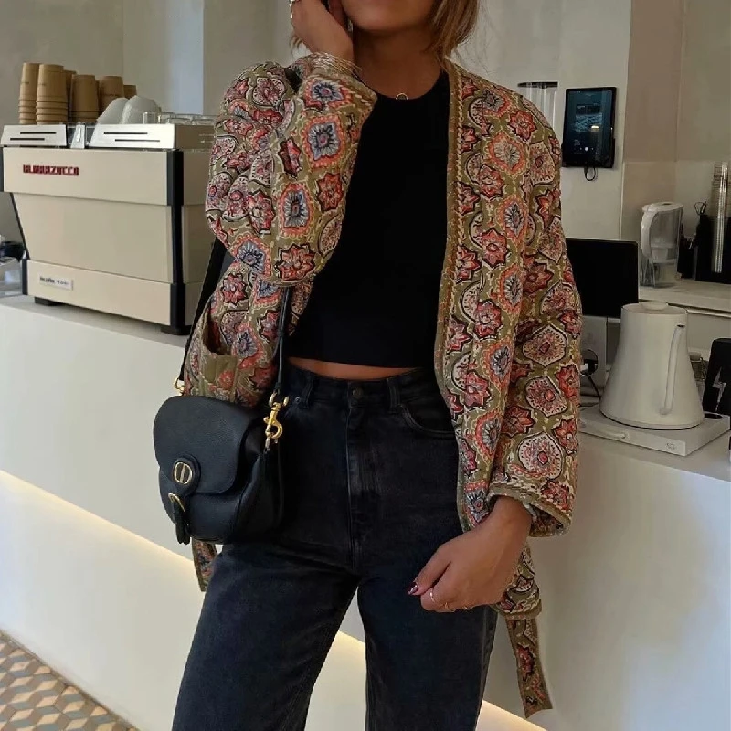 Women'S Fashion Quilted Jacket - New Fashion Women Ethnic Floral Print