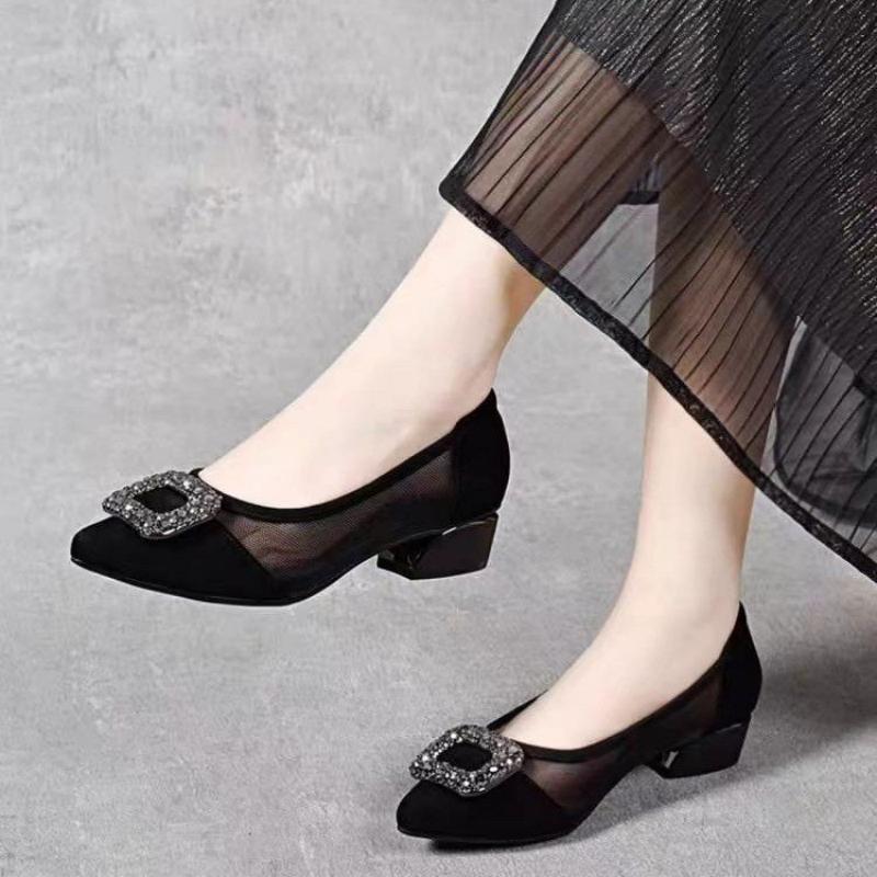 Women'S Fashion Shoes - Elegant Pointed Toe Mesh Block Heel
