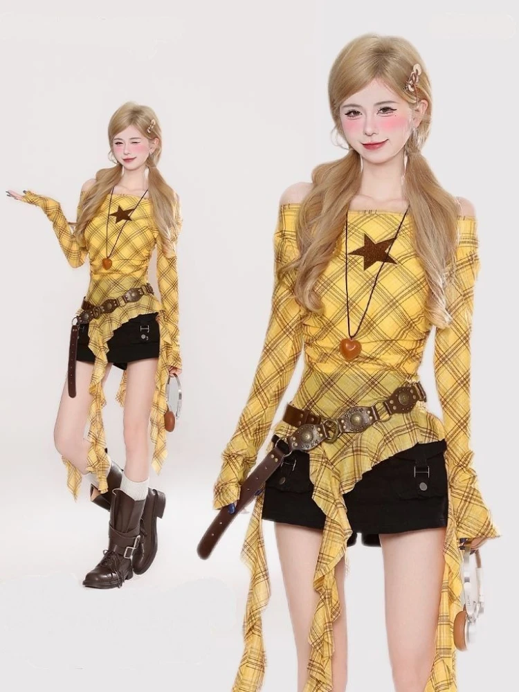 Y2K Plaid Slash Neck Vintage T - Women'S Y2K Fashion Aesthetic review and price