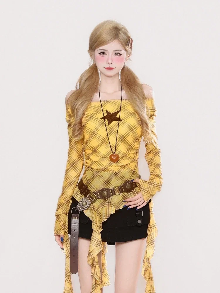 Y2K Plaid Slash Neck Vintage T - Women'S Y2K Fashion Aesthetic review and price