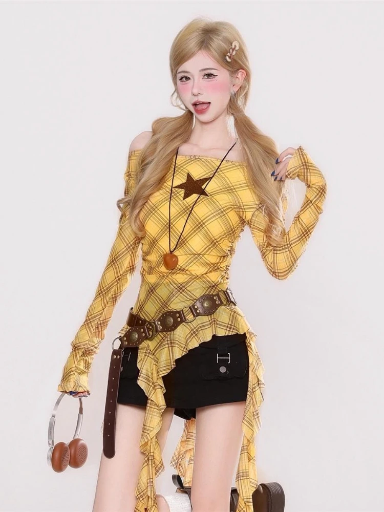 Y2K Plaid Slash Neck Vintage T - Women'S Y2K Fashion Aesthetic review and price