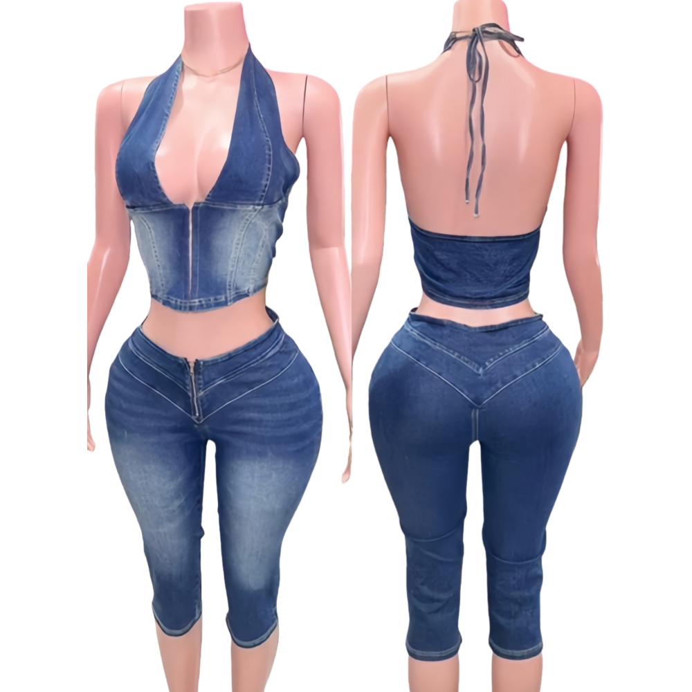 HLJ&GG Blue Fashion Denim Halt - Women Fashion Jeans Top review and price