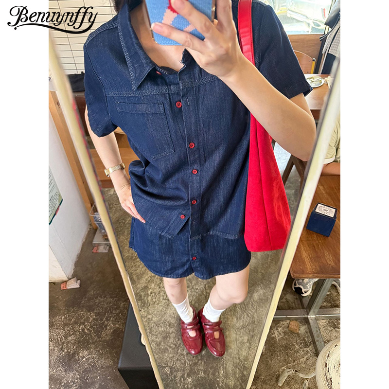 Benuynffy Retro Short Sleeved  - Women Fashion Jeans Top review and price